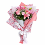 Luxuoso Buquê de Rosas com Lírios Cor-de-Rosa