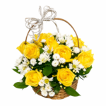 Cesta com Rosas e Margaridas Amarelas e Brancas