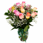 Arranjo de Rosas Brancas, Rosa e Laranja em Vaso contendo 15 Rosas