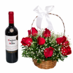 Cesta de Rosas Vermelhas com Vinho