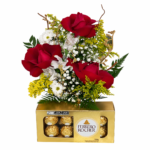 Arranjo Com 3 Rosas Vermelhas, Astromélias Brancas E Ferrero Rocher